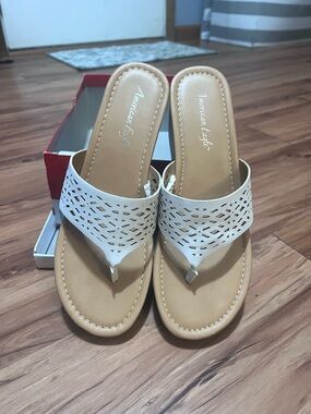 American Eagle Outfitters White Laser-Cut Thong Sandals with Tan Footbed